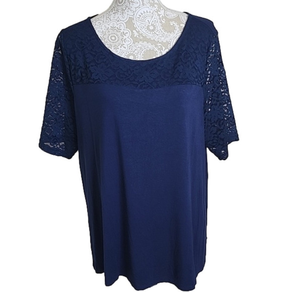 Apt 9 lace overlay navy short sleeve top, size 1X - Picture 1 of 9
